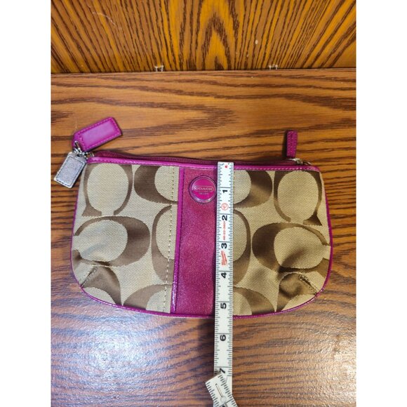 Coach Small Beige & Pink Signature Canvas Wristlet Bag With Zip Closure & Metal - Picture 9 of 9